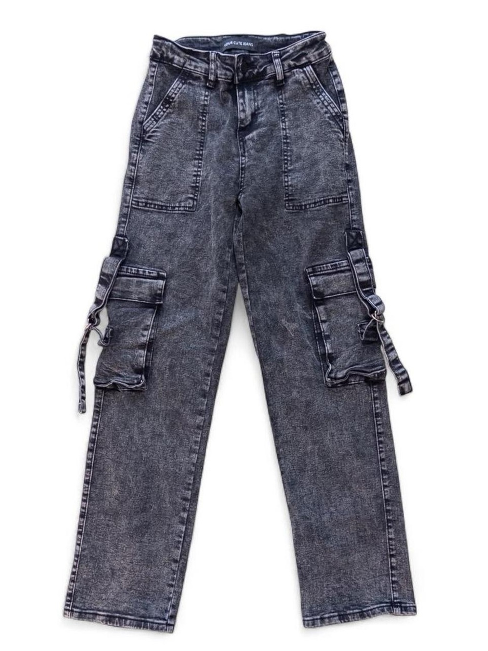 Your Cute Jeans Black Acid Wash Cargo Jeans Size 1 Y2K Wide Leg Streetwear